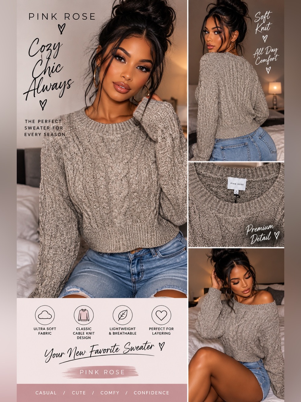 Pink Rose Cable Knit Crew Sweater - Taupe Heather size Med